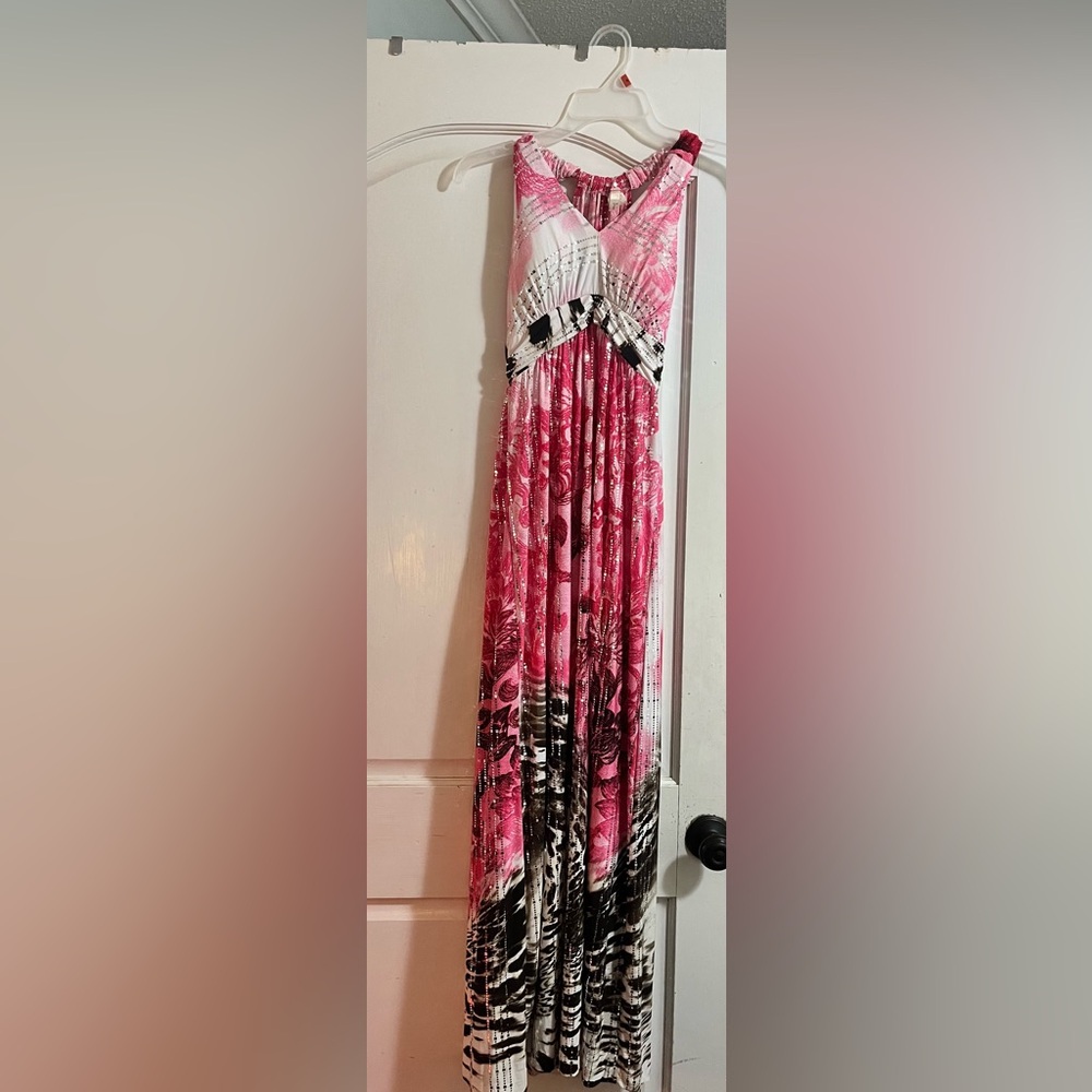 Pink and Black Floral Sequin Maxi Dress